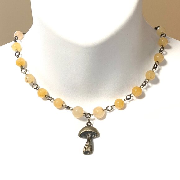 Genuine Yellow Aventurine Short Necklace,Bronze Slim Mushroom + Natural Gemstone - Picture 2 of 16